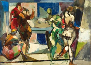 Domenico Rossi, Figure (Atelier), 1953 ca., olio su faesite. Courtesy Collezione Fondazione Credito Bergamasco